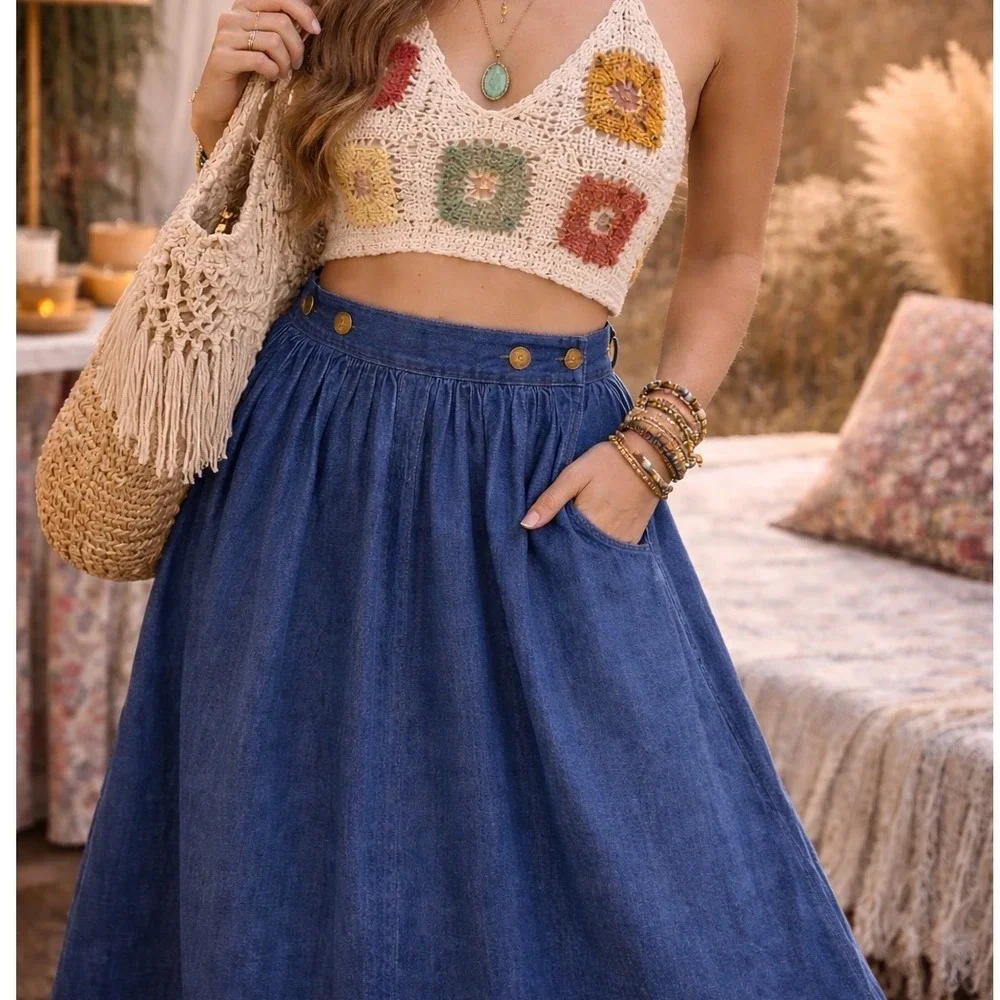 Vtg Calvin Klein Denim Midi 24in Skirt Blue Pleated High Waist Made in Japan 6 - Picture 1 of 9
